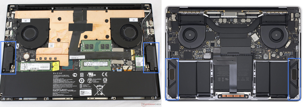 The Razer Blade 15's speakers are much smaller than the MacBook's. Credit: Notebookcheck, IFixit